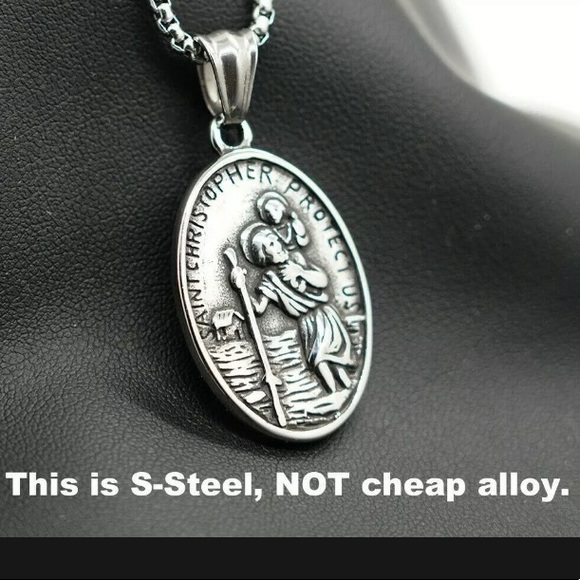 Stainless Steel 24" Oval Saint Christopher Chain Link Necklace - Picture 3 of 5